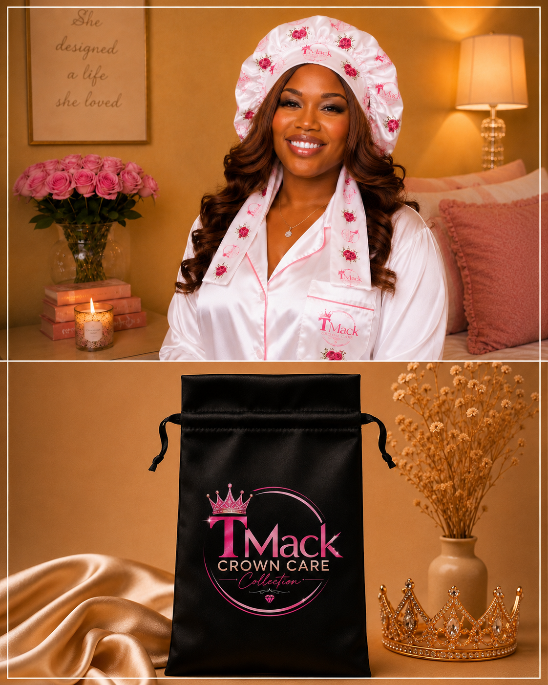 TMack Crown Care Double-Layer Satin Bonnet